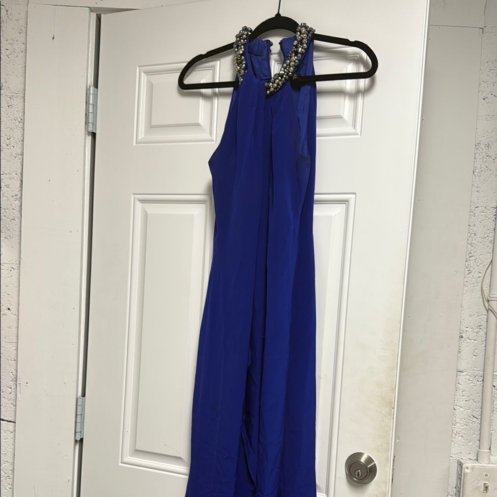 Elegant Blue Halter Maxi Dress with Beaded Neckline Long Dress CARMEN MARC VALVO
